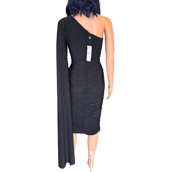 NWT Club L London Yara Black One Shoulder Cape Ruched Midi Dress - Picture 4 of 7